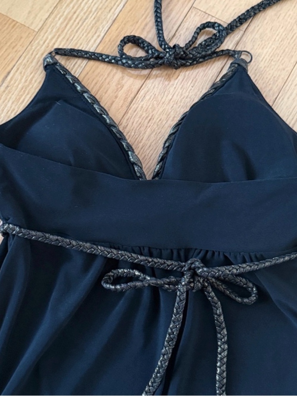 Guess Black Halter Mini Dress | Gold Trim | Backless Empire Waist | Size S - Picture 4 of 5